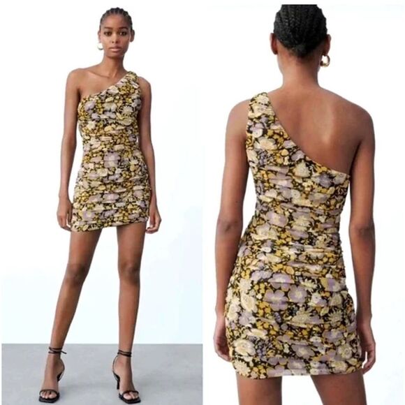NWT Zara Dresses Zara Floral One Shoulder Ruched Mini Dress - Picture 1 of 6